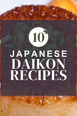 Japanese daikon radish recipes thumbnail with daikon steak in the background