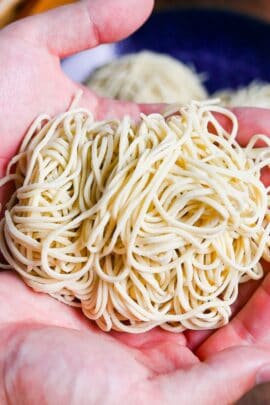 a bundle of homemade ramen noodles held in two hands