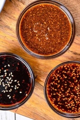 3 kinds of tonkatsu sauce in small glass bowls