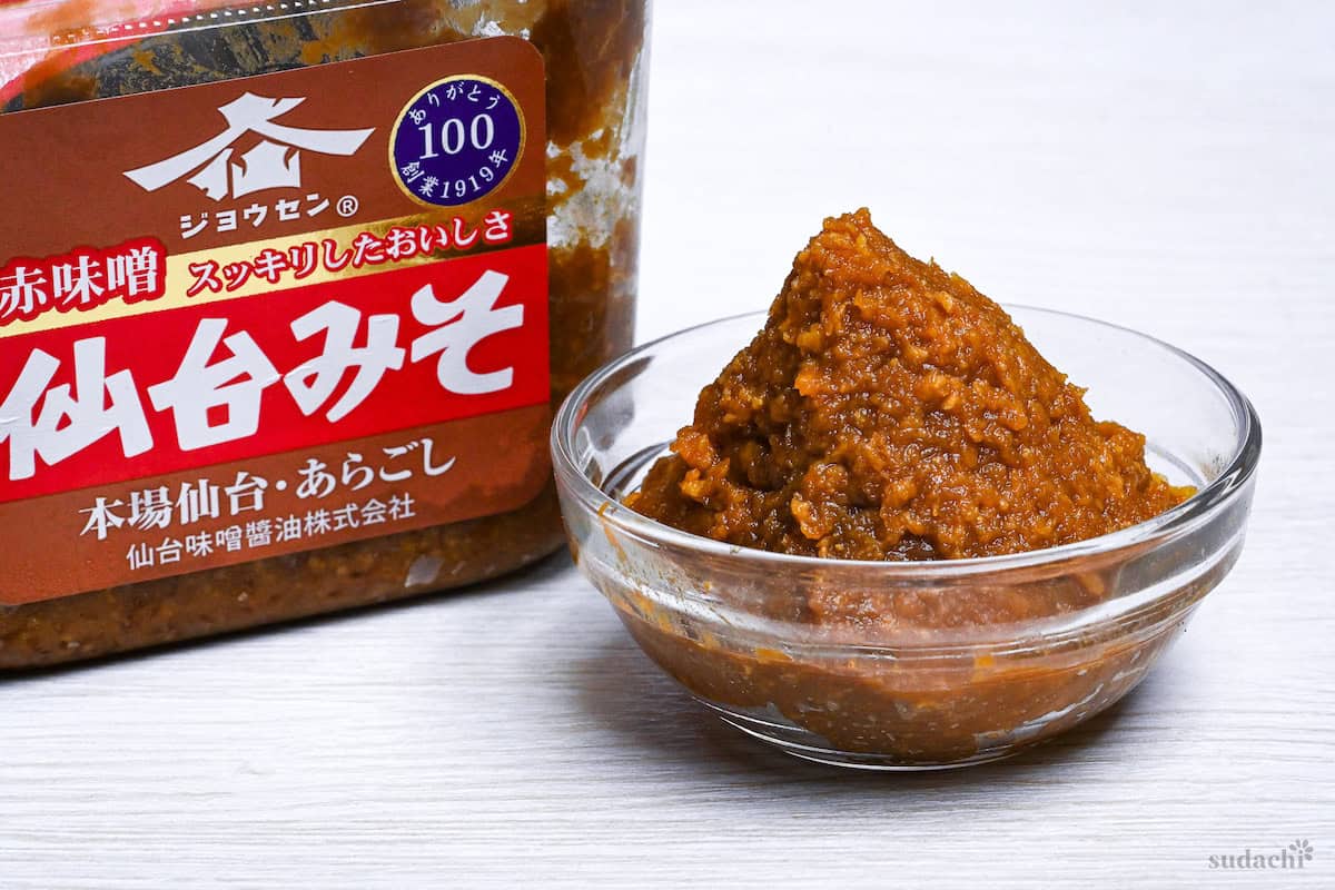 red miso from sendai in a small glass bowl with the branded box in the background