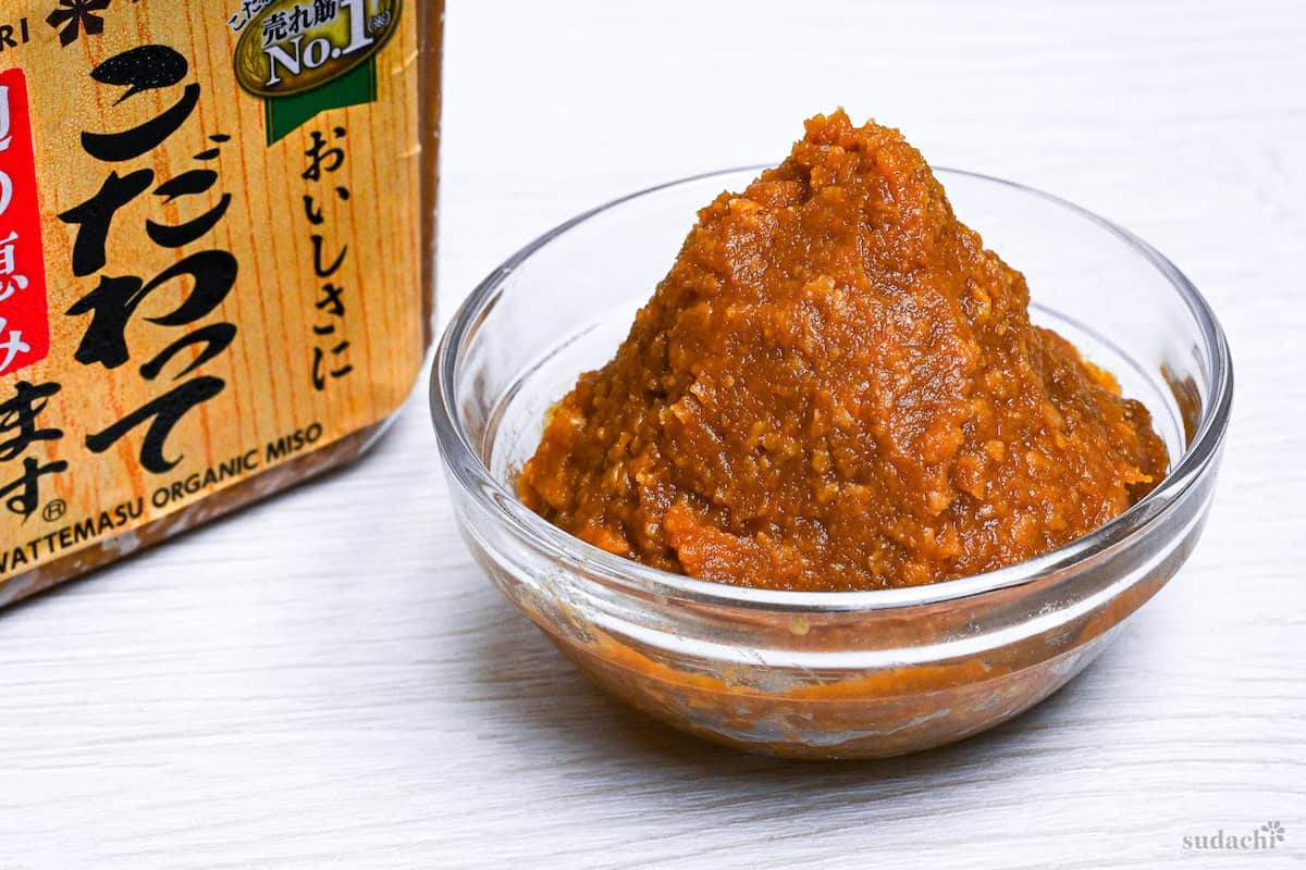 awase miso in a small glass bowl with the branded box in the background