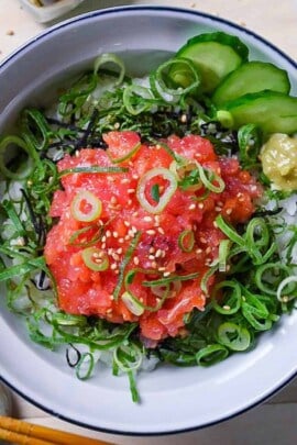 Negitorodon made with tuna and salmon in a white and blue bowl